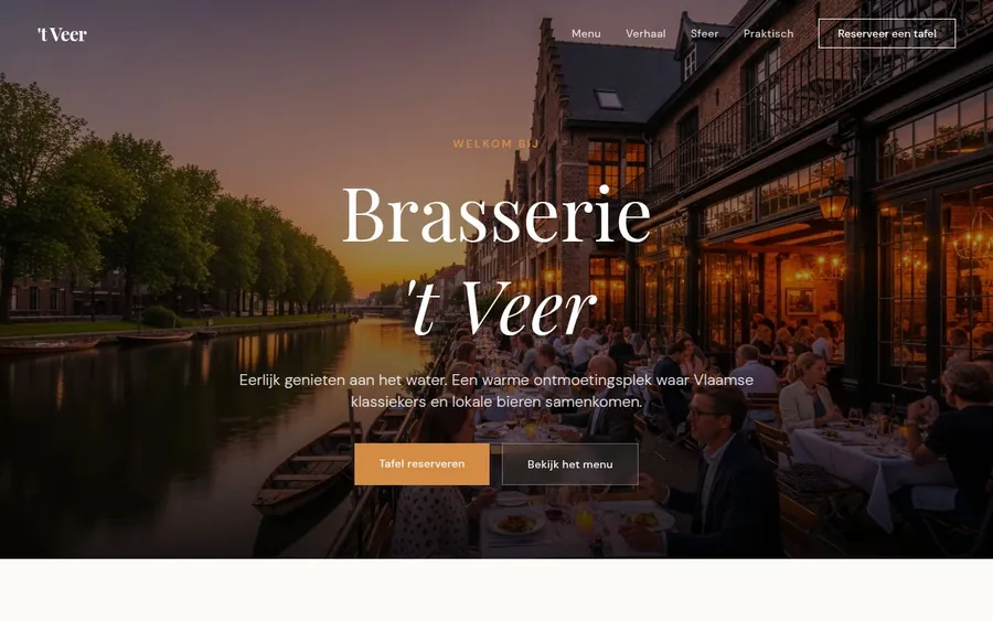 Website voor Brasserie 't Veer, een restaurant in Vlaanderen