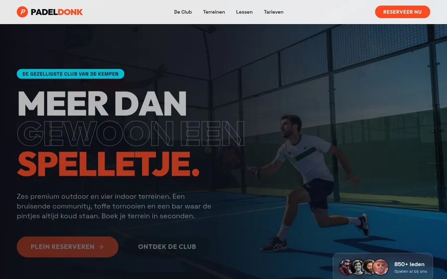 Website voor Padel Donk, een padelclub in Vlaanderen